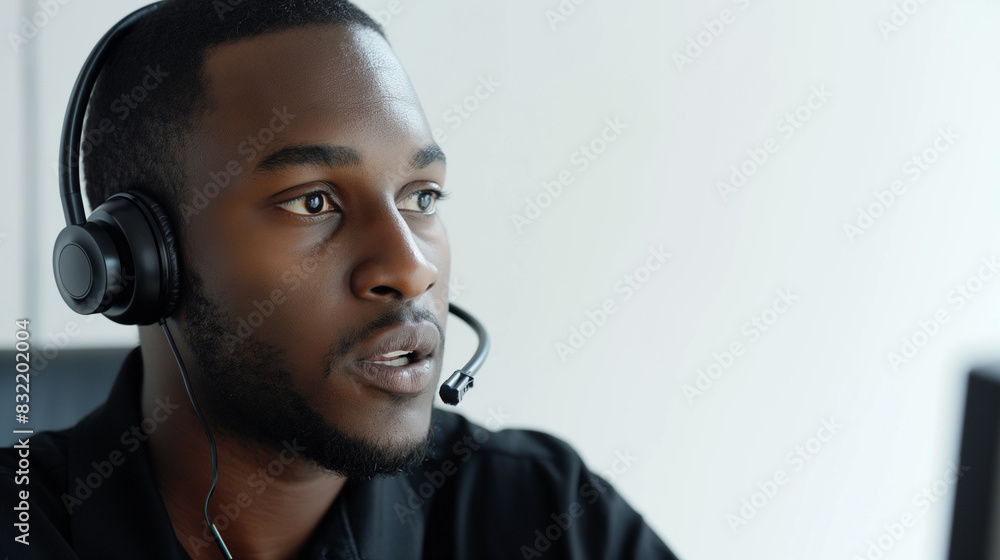 Poster a male it support specialist in a call center, speaking into a microphone, assisting with technical 