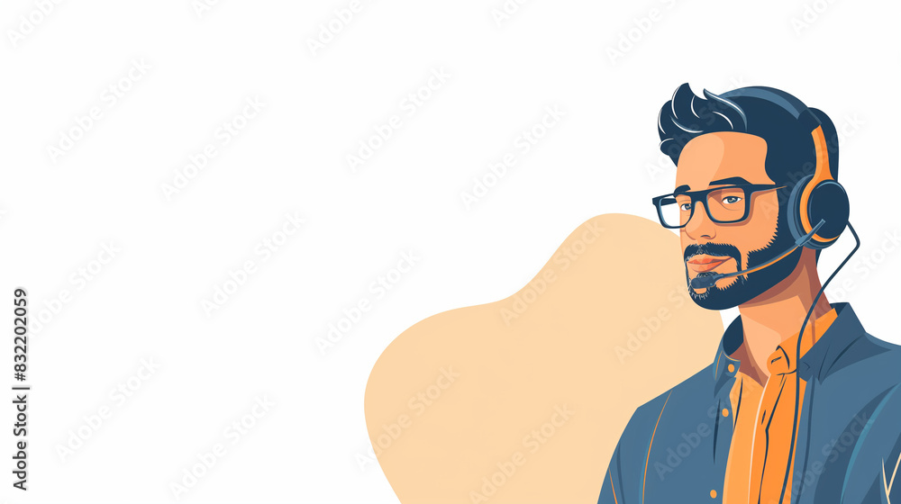 Poster a call center advisor, a man with a headset and microphone, expertly managing telecom faq and custom