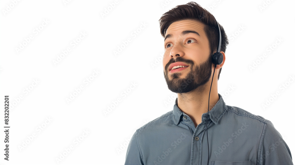 Poster a male call center representative, using a microphone to respond to customer service and it support 