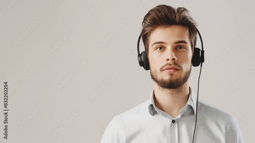 Poster a man handling call center duties, addressing customer service and crm questions through a microphon