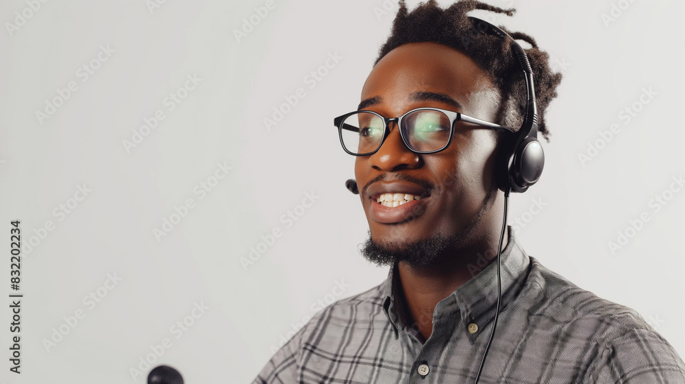 Poster a male call center representative, using a microphone to respond to customer service and it support 