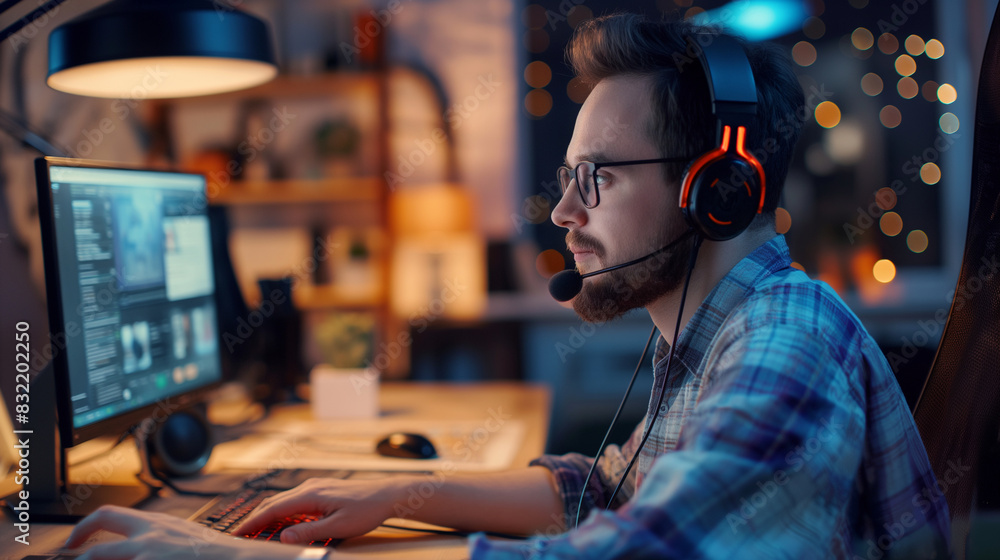 Poster male customer service agent with a professional demeanor, seated in a well-lit studio, addressing qu