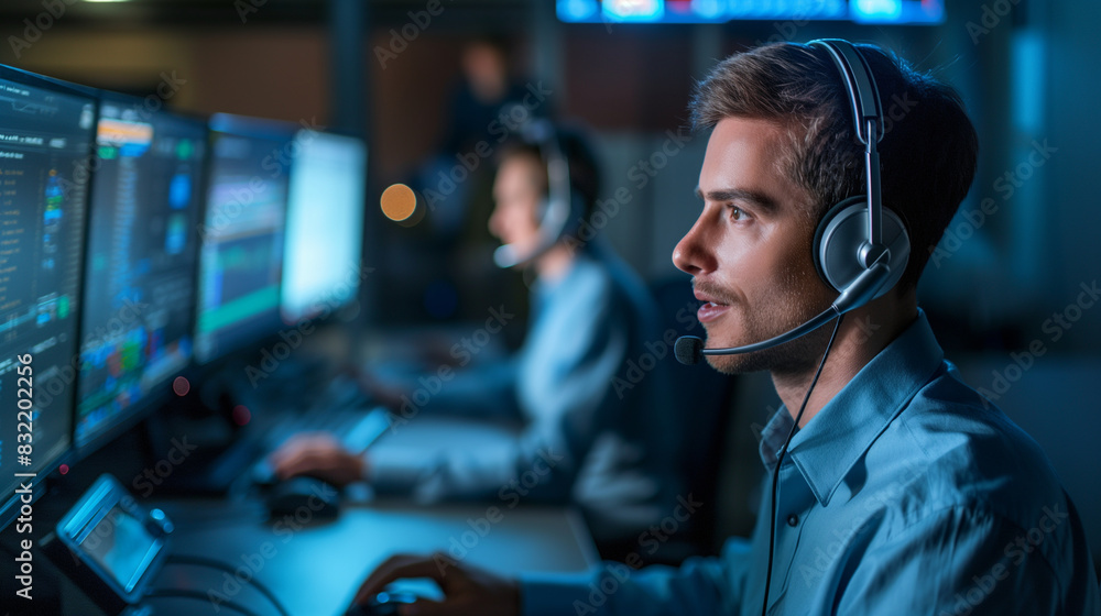 Poster call center representative in a modern studio, wearing a headset and speaking into a microphone, sur