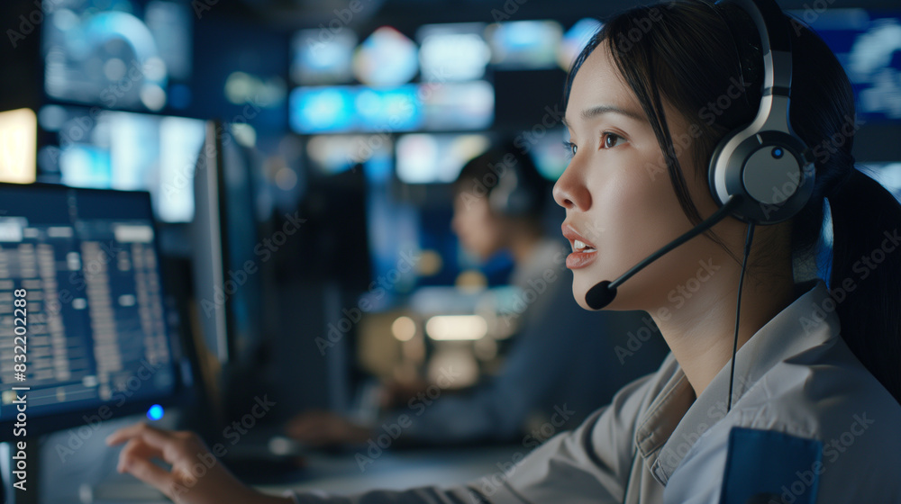 Poster call center representative in a modern studio, wearing a headset and speaking into a microphone, sur