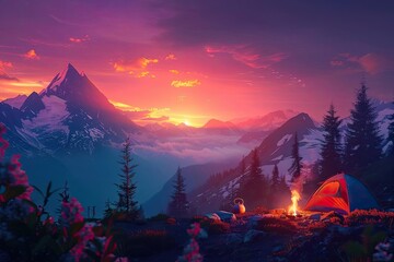 A stunning mountain landscape at sunset with a campfire by a tent. Perfect scenery for outdoor adventure enthusiasts.