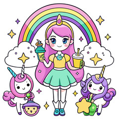 Magical Girl with Unicorns A magical girl with a star wand, holding a rainbow drink, surrounded by unicorns and fairies