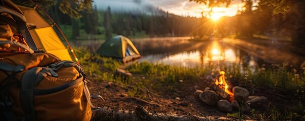 Serene camping scene by a calm lake at sunset, featuring tents, a backpack, and a campfire under a wooded environment.