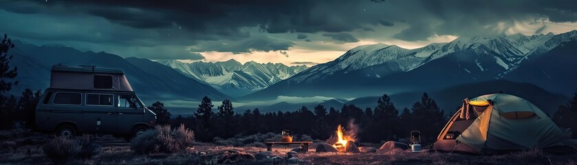 Scenic mountain camping scene at dusk with a campfire, camper van, and tent set up under a dramatic sky. - Powered by Adobe