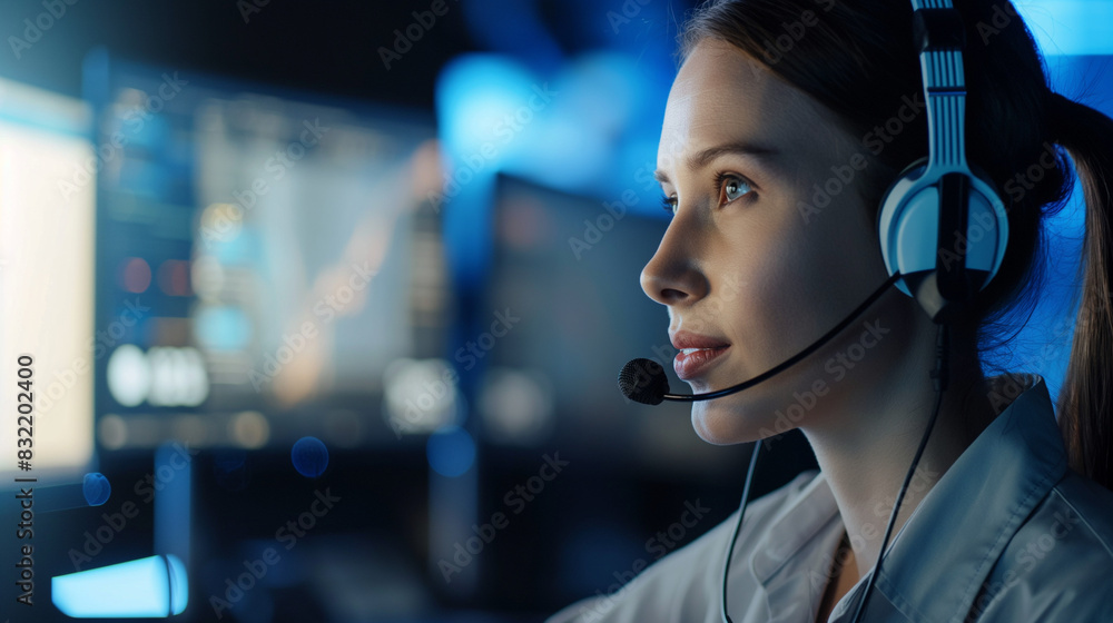 Poster customer service professional in a sleek studio setup, using a microphone to communicate effectively