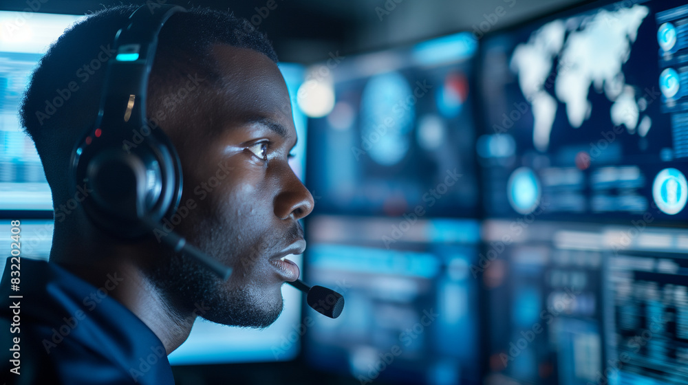 Poster male advisor in a high-tech studio, using a microphone to offer customer service solutions, with crm