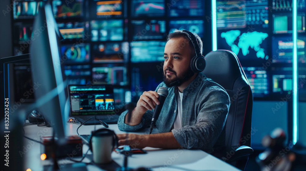 Aufkleber call center agent in a polished studio environment, speaking into a microphone, with telecom faq and