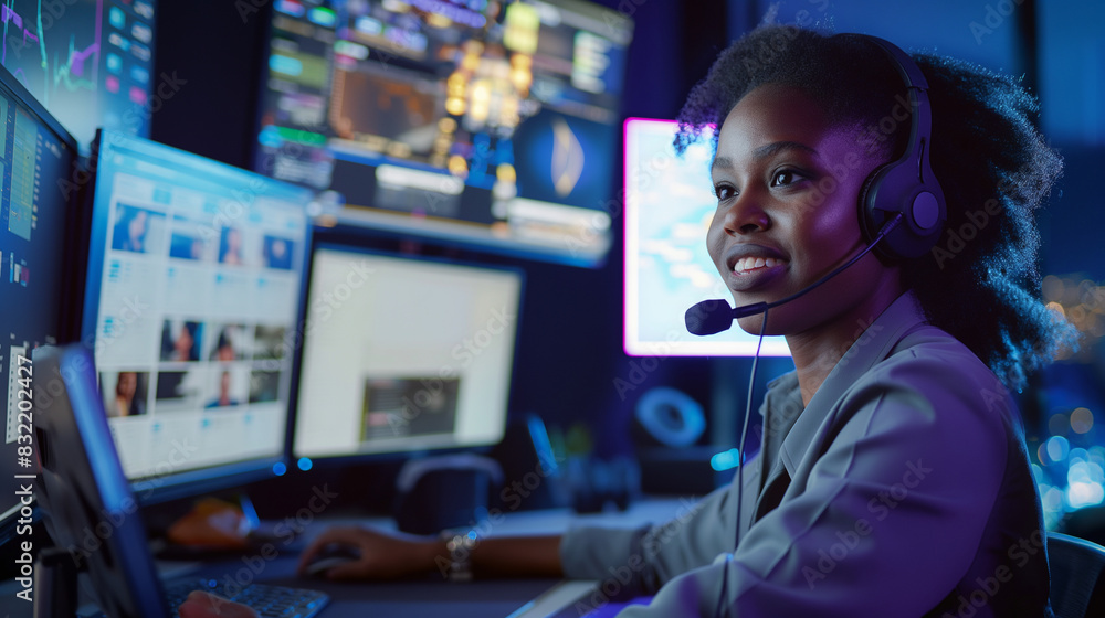 Poster customer service professional in a sleek studio setup, using a microphone to communicate effectively