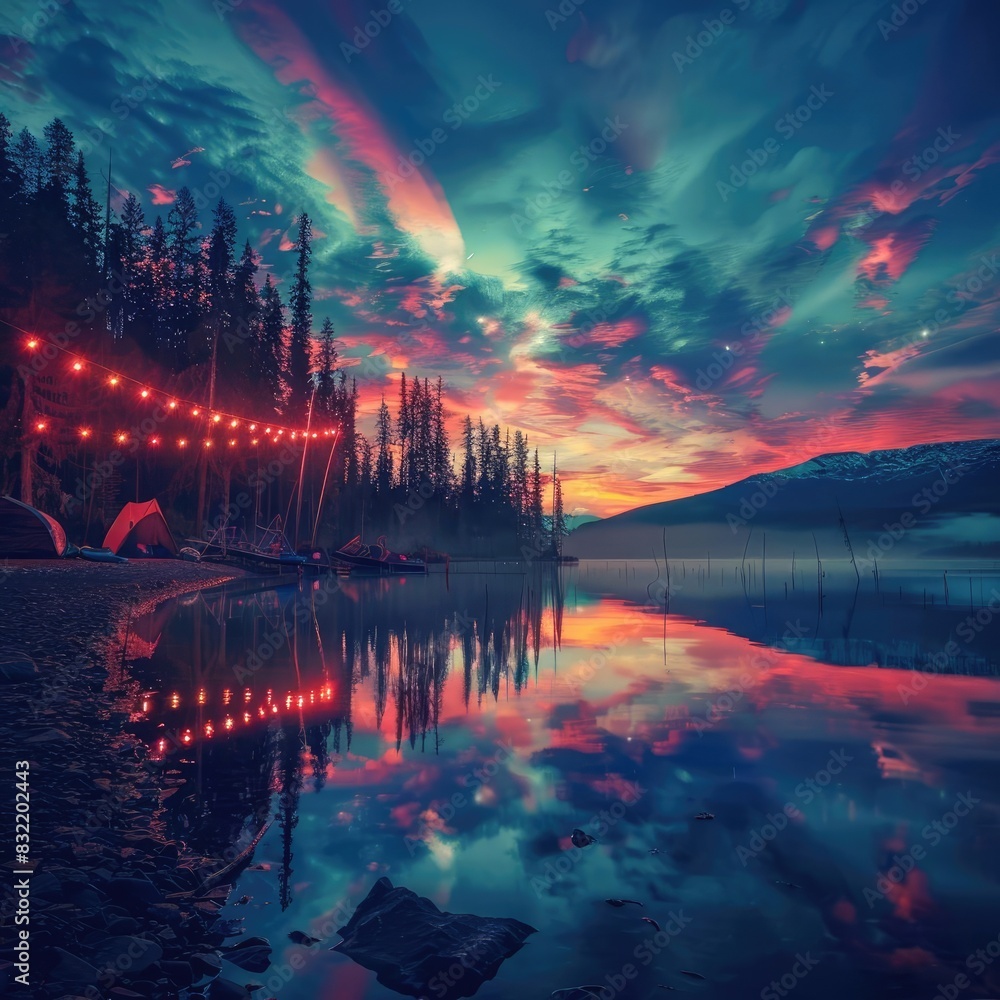 Poster colorful sunset over serene lake with reflection, surrounded by pine trees, under a dramatic sky wit