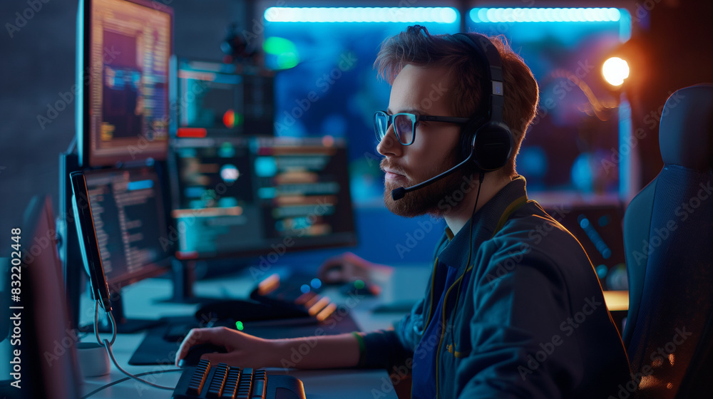 Poster it support specialist in a modern studio, engaged with customers via a microphone, with troubleshoot