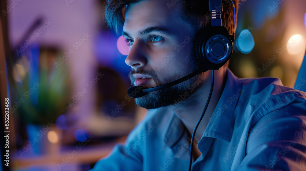 Poster man in a call center, expertly handling customer service inquiries through a studio microphone, with