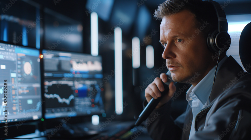 Poster Male agent in a sleek studio setup, addressing customer service and telecom FAQ queries through a microphone, with comprehensive CRM systems in view.