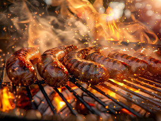 Juicy sausages cooking on a grill