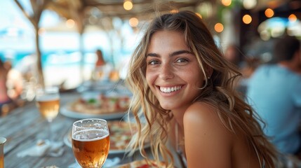 Happy woman casually dressed, holding a beer glass at a beachfront restaurant with a relaxed vibe - Powered by Adobe