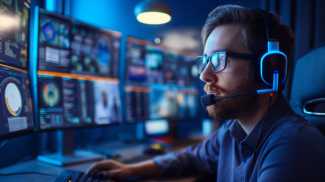 IT support specialist in a modern studio, engaged with customers via a microphone, with troubleshooting guides and CRM interfaces prominently displayed.