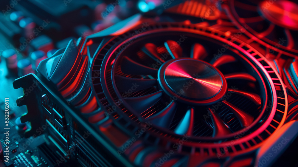Poster a high-resolution close-up of a computer graphic card fan, emphasizing the sleek design and the intr