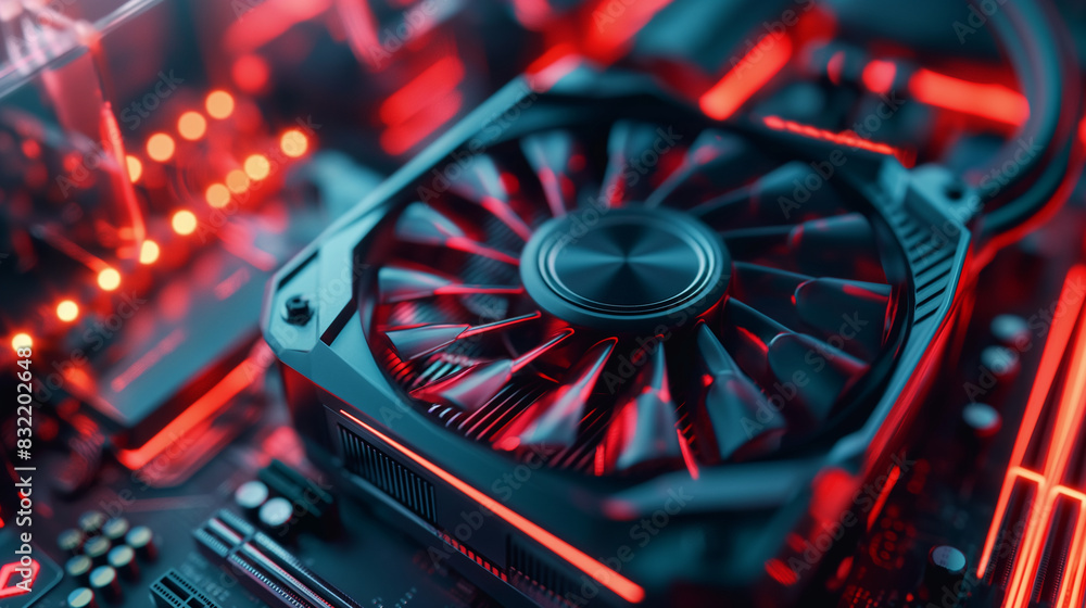 Poster an intricate close-up of a computer graphic card fan, capturing the precision engineering and fine d