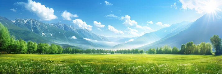 Verdant valley with lush green grass, majestic mountains, and clear blue sky on a sunny day. banner, nature background
