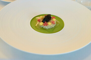A gourmet dish is presented on a white plate featuring a dollop of caviar atop a vibrant green sauce with garnishments.