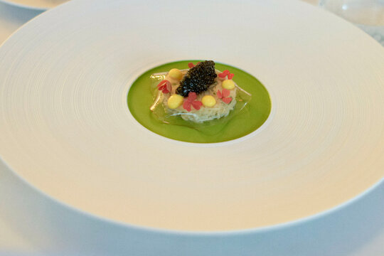 A gourmet dish is presented on a white plate featuring a dollop of caviar atop a vibrant green sauce with garnishments.