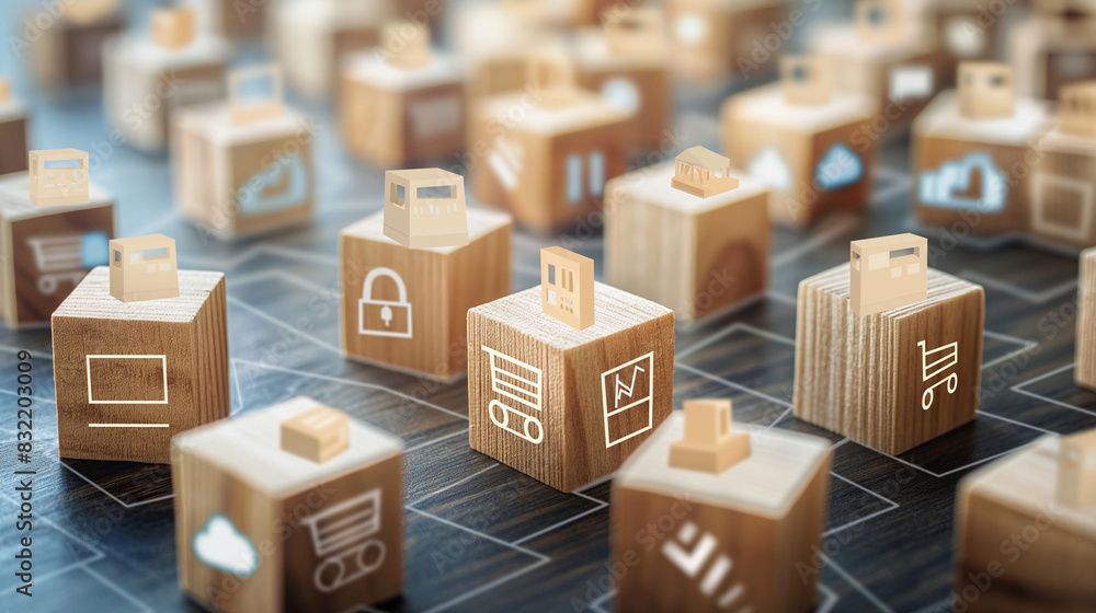 Poster a dynamic visualization of the franchise business concept showcases wooden blocks adorned with a net