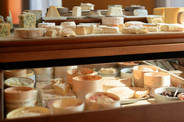 A variety of cheeses are elegantly displayed in a wooden case, illuminated by warm light, showcasing an assortment of textures and colors.