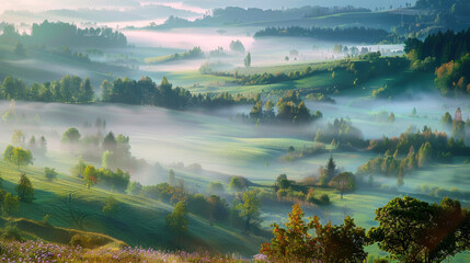 Breathtaking misty landscape with rolling hills