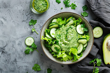 Obraz premium Fresh and Creamy Cucumber, Lettuce, and Avocado Salad with Green Dressing in Elegant Bowl on Concrete Table