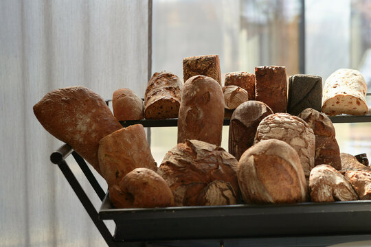 A variety of freshly baked bread loaves displayed on a shelf, casting soft shadows in a warmly lit environment.