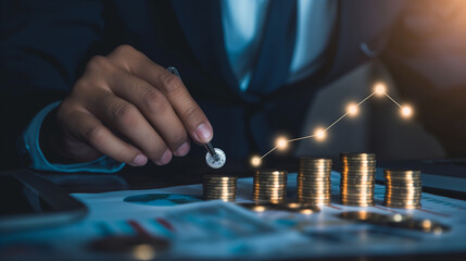 In a dynamic scene of business analysis, a businessman carefully studies a financial growth graph, with money coins serving as symbols of financial success and profit return, aimin