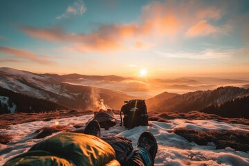Fototapeta premium Stunning mountain sunrise captured from a campsite, showcasing breathtaking views, snow-covered peaks, and a serene winter landscape.