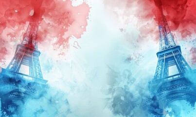 summer banner in blue white red colors with elements of the Eiffel Tower with background and copy space 