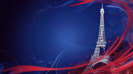banner in blue white red colors with elements of the Eiffel Tower with background and copy space 
