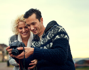 Camera, travel and vacation with couple outdoor together for memory, photograph or trip abroad....