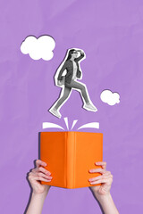 Vertical photo collage of happy nerd girl run open book hold hands new novel bestseller bookworm...