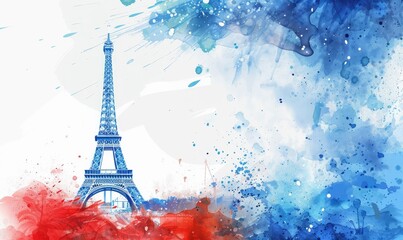 banner in blue, white and red colors with elements of the Eiffel Tower with background and copy space