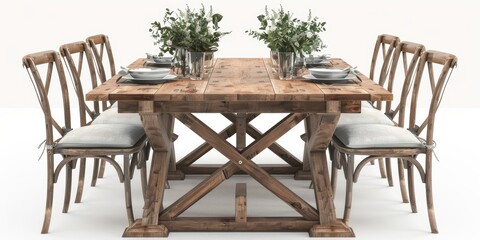 Elegant dining table set with rustic wood and fresh flowers, isolated white background, high detail, natural charm