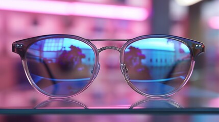 Nano-coated eyeglasses that automatically adjust to lighting conditions, depicted in a retail setting, highlighting the transition from clear to tinted based on UV exposure.