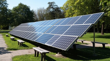 Solar panels integrated into a park setting, with paths and benches nearby. The panels provide shade while also generating electricity, illustrating the integration of technology and public spaces.