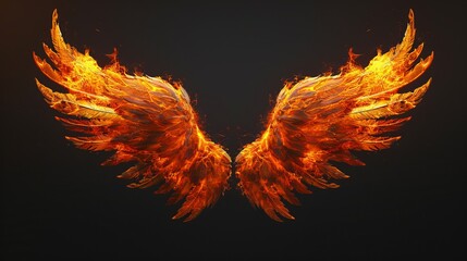 On a black background, angel wings, hellish wings on fire.