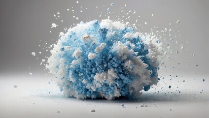 Blue and white particle cluster explosion in a minimalistic setting, highlighting the contrast between colors and the dynamic motion of particles, creating a visually stunning and energetic display.
