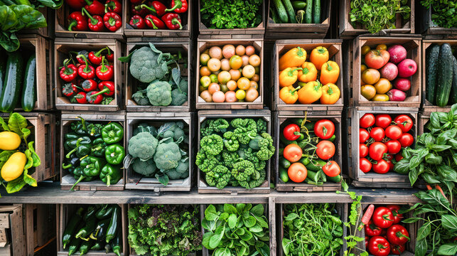 Assorted vegetables in various crates