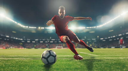 Fototapeta premium Soccer player in red uniform kicking ball on illuminated stadium field. Action packed moment during game