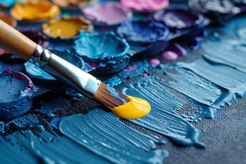 Fototapeta premium Artist's palette and brushes resting on the table, as a brush meticulously applies vibrant rainbow watercolor onto a canvas, each stroke a testament to the artist's skill and creativity