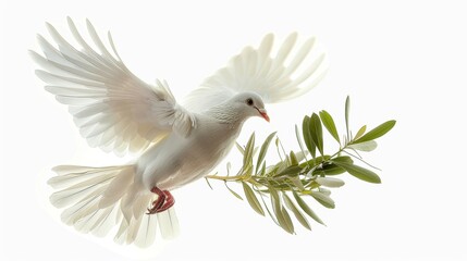 Fototapeta premium Dove flying with an olive branch in its beak, isolated white background, high detail, symbol of peace and harmony