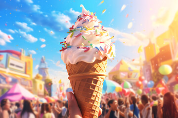 Close-up of a melting ice cream cone with colorful sprinkles against a background of people enjoying outdoor activities